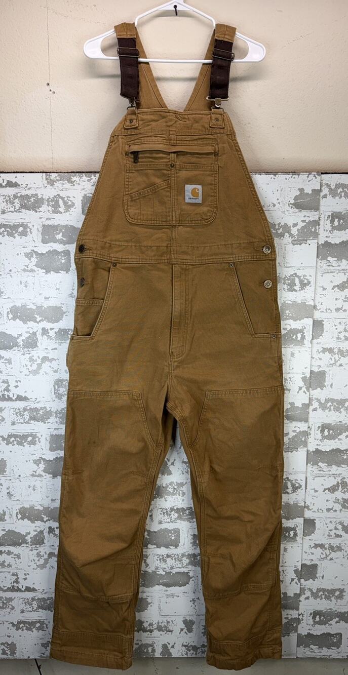 Carhartt Bib Overalls Mens 34x30 Brown Double Knee Rugged Flex Rigby Workwear